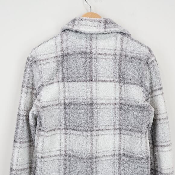 Abercrombie & Fitch Plaid Snap Button Sherpa Jacket Grey White Size XS - Picture 6 of 8